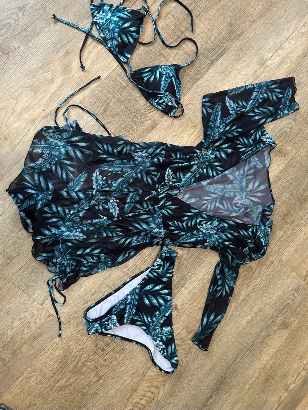 Tropical Leaf Bikini Set with Sheer Cover-Up - Black & Teal